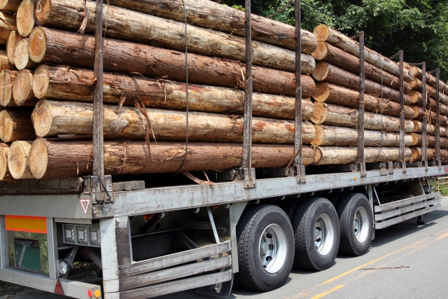 トレーラー、大型トラック、大型ダンプ等での原木、木材チップの出荷